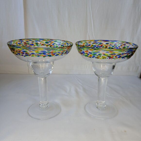 Mexican Hand Blown Margarita Glasses Goblets Confetti Rim Set of 2 6.5” Party - Picture 1 of 8